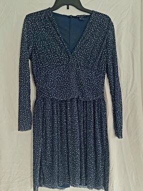French Connection Navy and White Speckled 3/4-length Sleeve V-Neck Dress